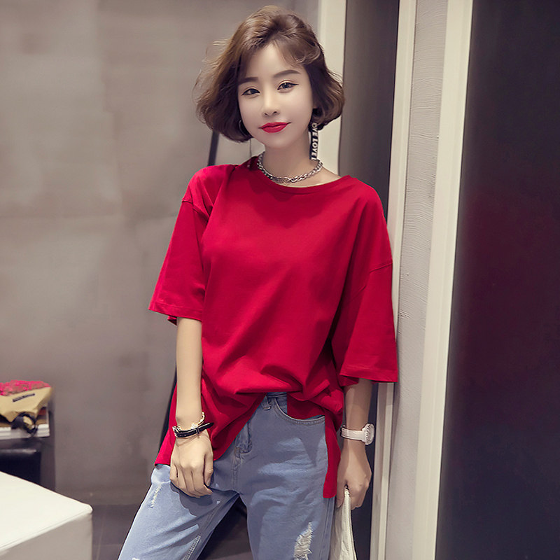 百搭短袖纯色显瘦上衣宽松酒红色t恤