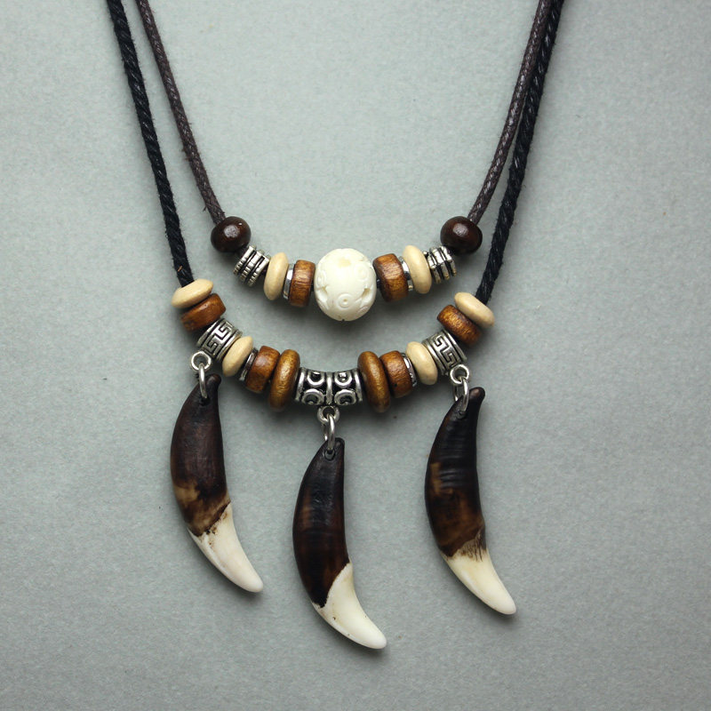 特色三颗黑狗牙吊坠 民族风多层猪骨项链 影视周边配饰狼牙项链