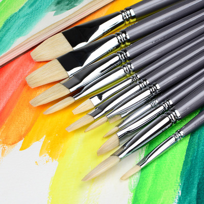 千彩乐700猪鬃平峰画笔 油画 水粉画专用画笔 全套12支套装