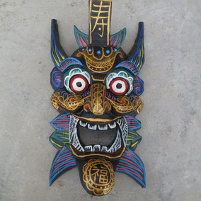 cn33彩绘傩面具傩神脸谱鬼脸子跳神木雕民间风水摆件木刻 33cm_双氙车