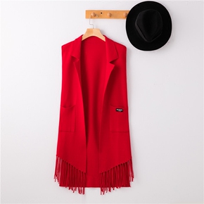 2018韩版女士新款春秋口袋流苏马甲中长款针