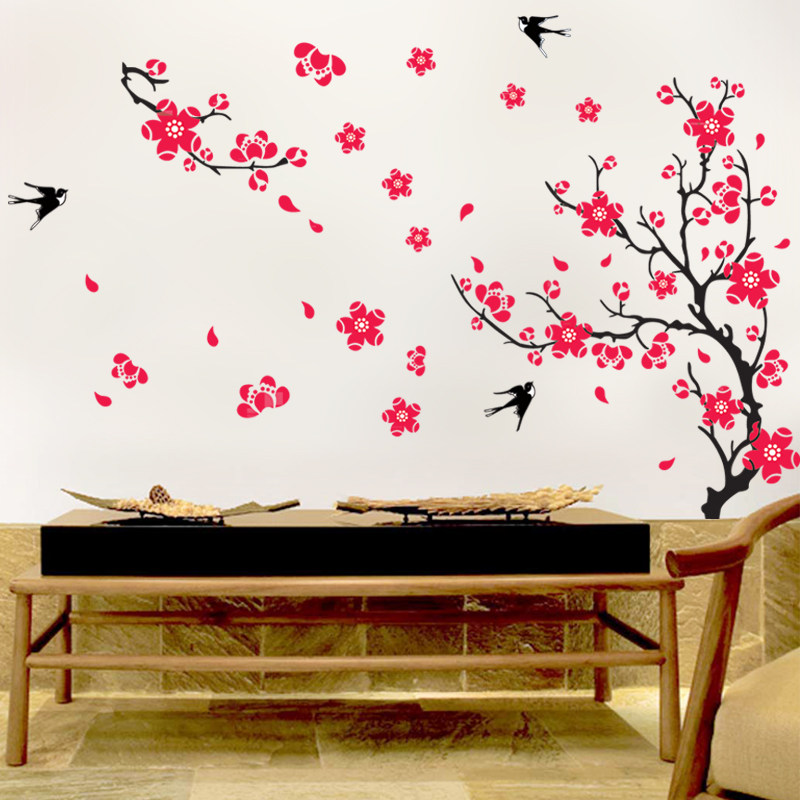 客厅沙发背景墙装饰_中国风梅花自粘墙贴客厅沙发电视背景墙布置书房