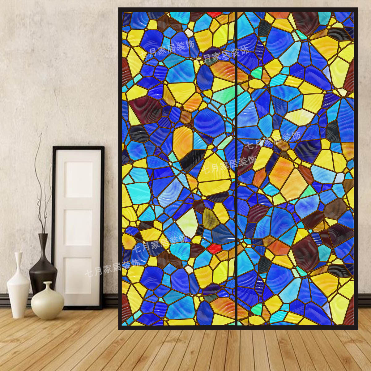 一折衣橱贴纸_欧式彩色复古教堂彩绘艺术静电磨砂玻璃贴膜衣橱柜门