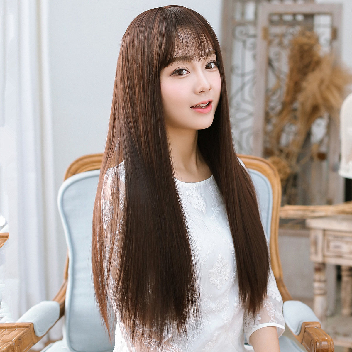 空气刘海 长直发假发 女 自然逼真人长直发 韩国清新薄刘海发型