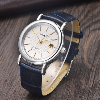 vsop手表男正品防水真皮皮带男表 休闲简约男士腕表带日历石英表