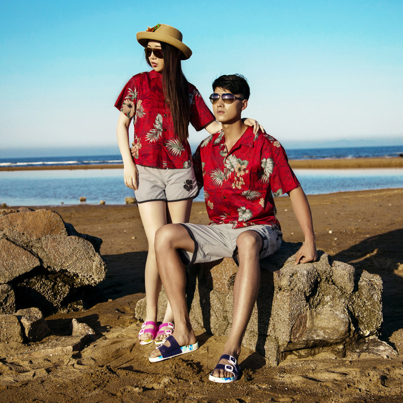 夏威夷情侣沙滩衬衣短袖上衣男女大码加肥宽松暗纹印花衬衫