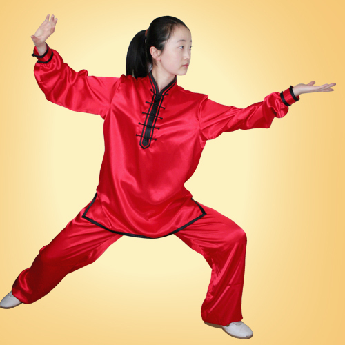 查看淘宝南韩丝太极服练功服木兰款太极拳春夏季茜素红贡缎太极服装