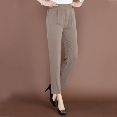 2018新款夏真丝休闲裤桑蚕丝长裤松紧腰重磅直筒森奴丝绸高端女裤