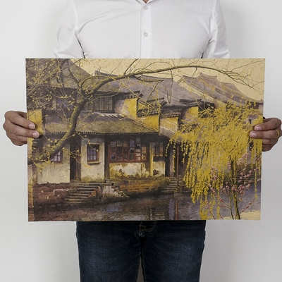 水乡古镇风景海报复古怀旧牛皮纸海报宿舍客厅酒吧装饰画墙贴挂画