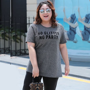 加肥加大码女装中长款遮肚子t恤胖mm夏装短袖宽松闪光打底衫200斤