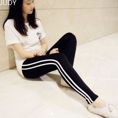秋冬季韩国一二条杠紧腿运动裤女长裤学生显瘦小脚打底裤外穿纯棉