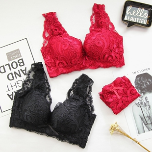 花姑娘二代无钢圈大码聚拢文胸薄模杯性感蕾丝肩带内衣套装