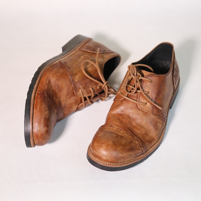 意大利复古工装鞋潮男翘头褶皱牛皮手工做旧欧美范休闲皮鞋男