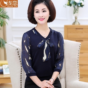 妈妈早春七分袖针织衫35岁45中年春装系带上衣中老年女装打底t恤