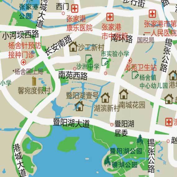 定制版江苏省张家港市城区图 小区道路医院学校分布 小幅面桌面版