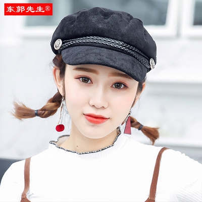 八角帽女韩版英伦平顶春秋短檐帽青年潮新款复古贝雷报童海军帽