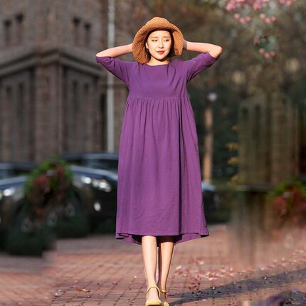 自然码女装原创设计夏季薄款宽松大码中长款短袖连衣裙遮肚子显瘦_7折