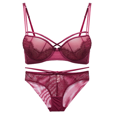 蜜色之吻 深v性感蕾丝细带聚拢文胸套装 钢圈调整型内衣上薄下厚