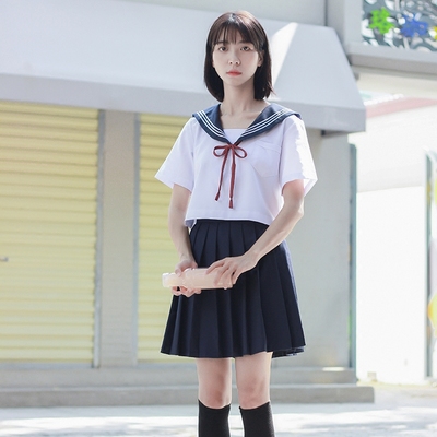 日系海军风jk制服绀色水手服女学生服短袖正统白三本软妹服套装