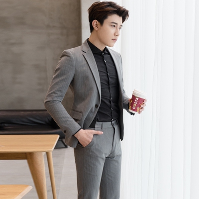 东大门西服套装男士青年韩版修身条纹西装男休闲正装英伦风两件套