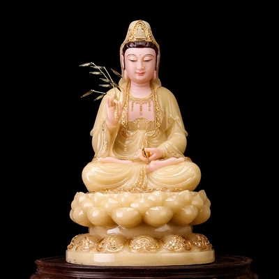 客厅供奉观音佛像开光镇宅保平安摆件白玉镶金观世音菩萨娑婆三圣