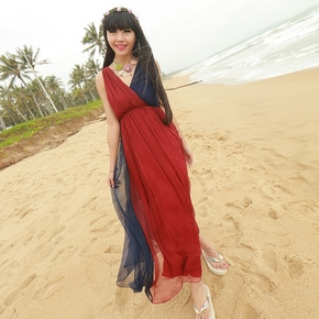 沙滩裙长裙 纯色 v领