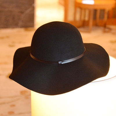 秋冬百搭欧美羊毛大檐帽女士波浪边礼帽宽檐极细澳洲羊毛呢帽