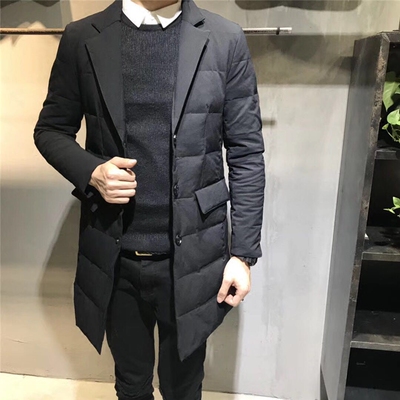 冬季韩版羽绒服男中长款修身西装领白鸭绒保暖青年休闲大码外套潮
