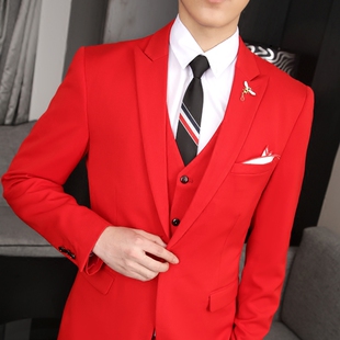 红色一套西装男帅气学生西服三件套青年韩版修身商务正装休闲婚礼