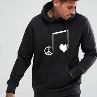 爱与和平五线谱音符创意个性秋冬新款套头加厚加绒连帽衫男女卫衣
