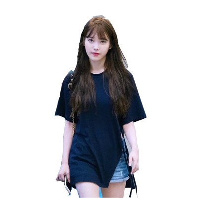 iu李智恩新明星同款机场侧开叉露腰宽松圆领短袖t恤女夏季上衣女