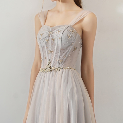 灰色伴娘服2018新款主持人礼服女晚礼服长款抹胸礼服裙一字肩夏小