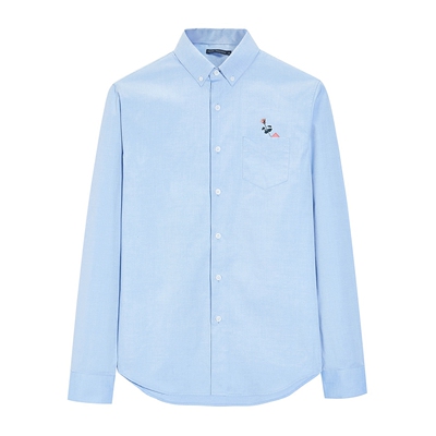 太平鸟男装 春蓝色牛津纺长袖衬衫男士玫瑰花胶印修身青年衬衣