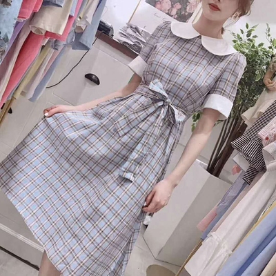 蕾妮renee夏季新款系带收腰显瘦气质裙子学院风娃娃领格纹连衣裙