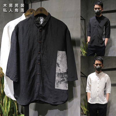 木易男装 18年春夏ma灌good7九平道麻料透气男士中袖短袖衬衣衬衫