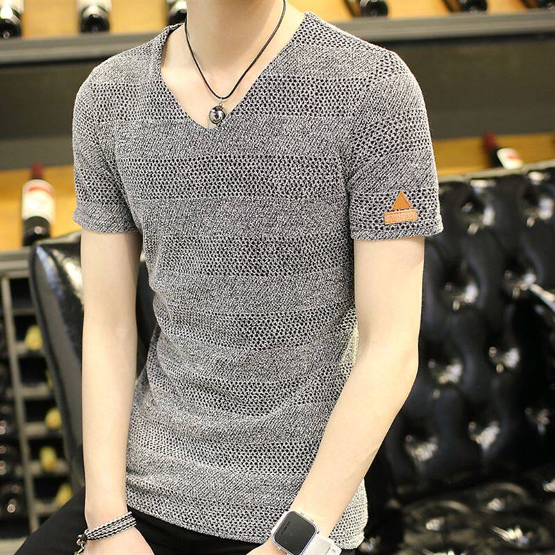 冰丝男士t恤短袖夏季超薄款v领运动健身速干网眼镂空透气网状半袖