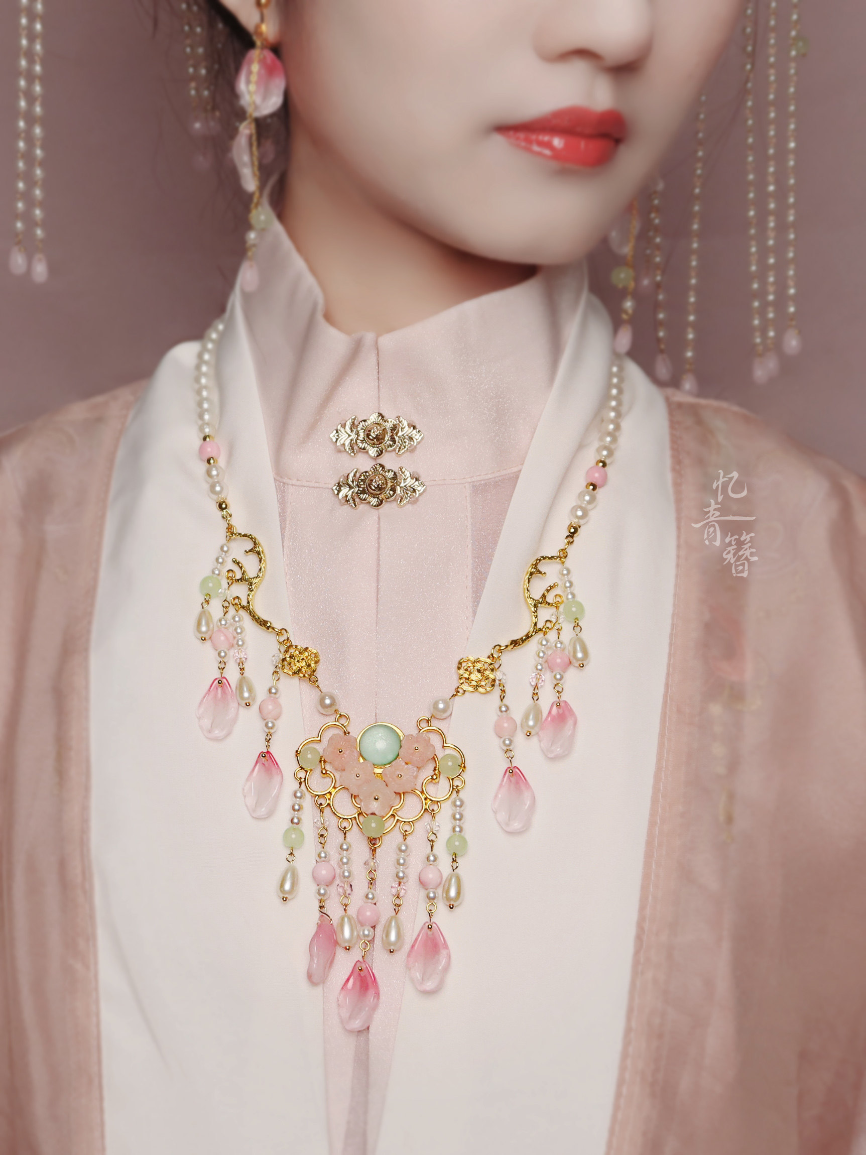 粉色桃花瓣吊坠颈饰,古风少女的梦中情饰