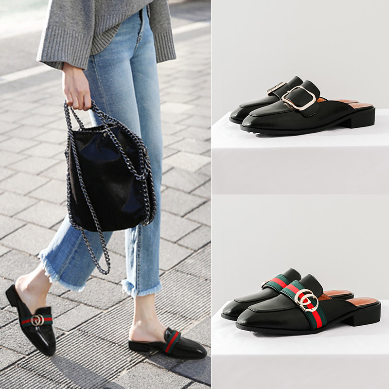 2017百搭包头半拖鞋女夏时尚 外穿穆勒鞋方头拖鞋韩版凉拖鞋 室外
