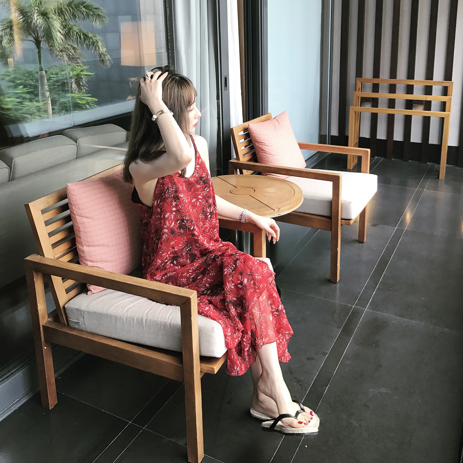 夏季新款无袖雪纺印花A字中长款裙子图片