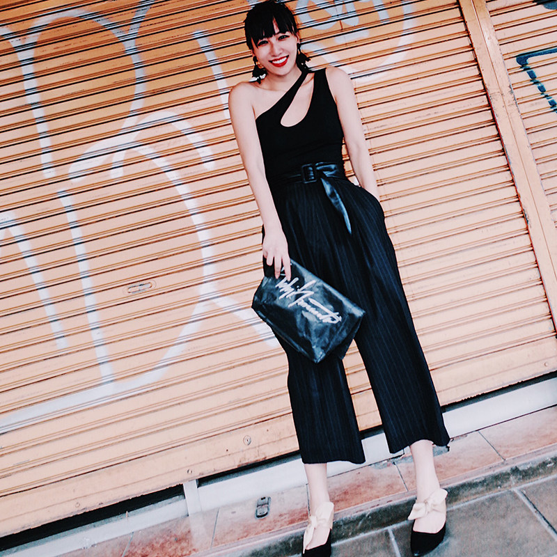 lamps 欧美潮流女装春夏季新款 黑色宽松条纹八分休闲阔腿裤