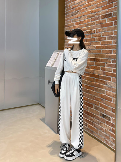 白色格子阔腿裤女夏季薄款运动裤春秋两穿宽松直筒裤显瘦休闲卫裤