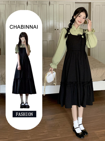This year's trend in early autumn is beautiful new chinese style chinese style large size fat mm retro waist slimming fake two-piece dress
