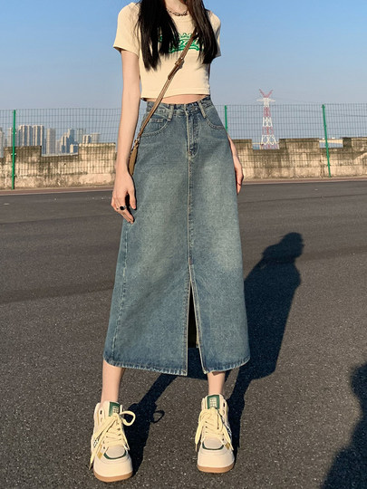 Denim skirt women's spring high waist hip skirt 2026 new retro straight loose a-line mid-length skirt