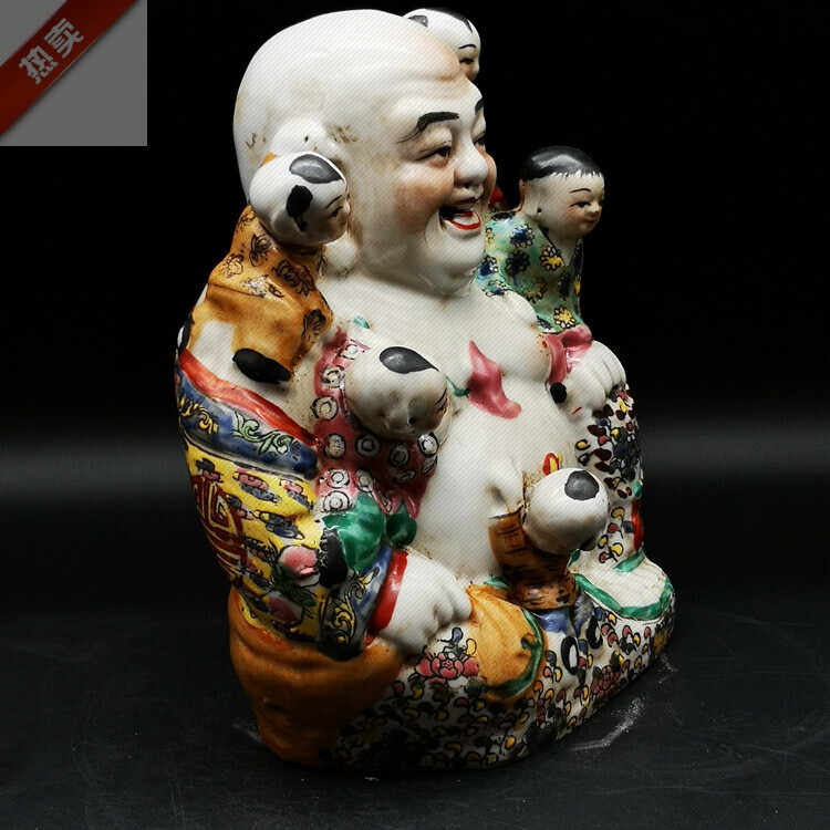 特別送料無料！ 珍品☆弥勒佛粉彩人物中国五彩彫五福童子置物[临渊阁
