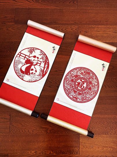 剪纸挂画丝绸装饰画中国风特色礼品送老外出国小礼物手工艺品卷轴