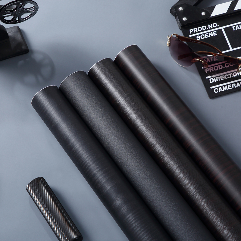 加厚防水黑色贴纸自粘墙纸遮光木纹柜子装饰磨砂厨房柜门家具翻新 - 图0