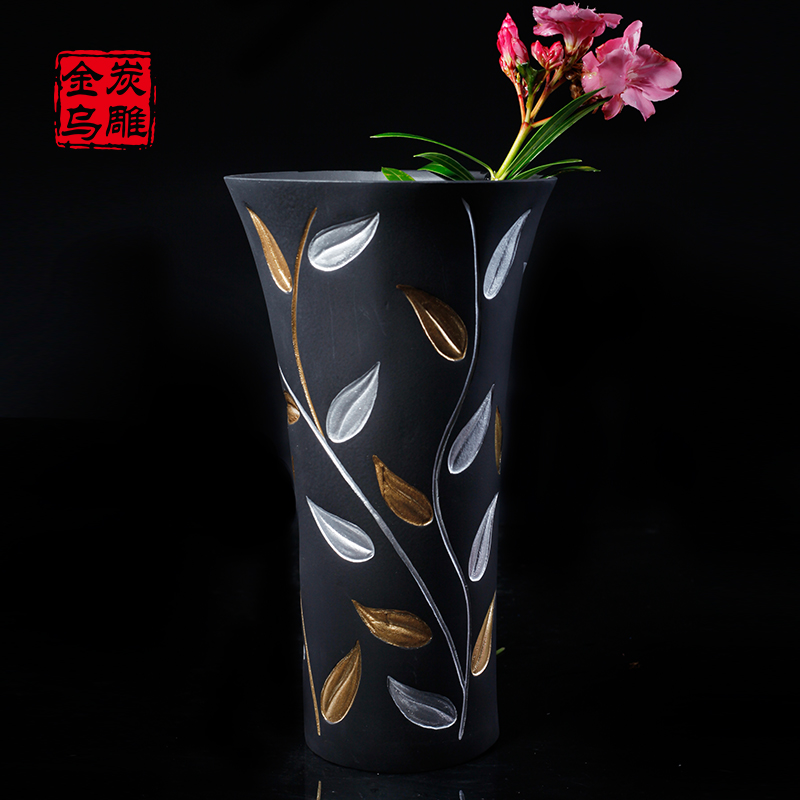 金乌炭雕 叶叶生辉 家居饰品客厅电视柜装饰品摆设玄关摆件插花瓶 - 图0