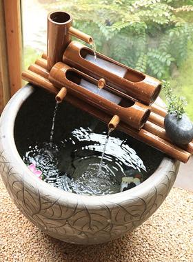 陶瓷鱼缸流水竹子循环水摆件竹筒流水器石槽办公室流水招财