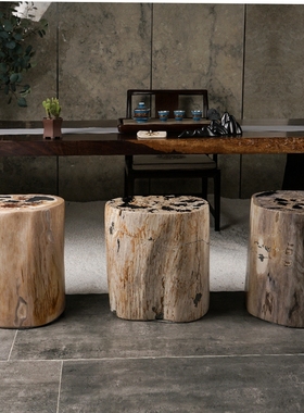 轻奢木化石摆件墩子装饰客厅边几石柱原石高档落地园子装饰品