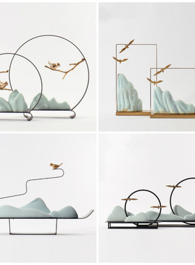 新中式陶瓷假山样板房酒店会所客厅博古架玄关装饰品桌面软装摆件